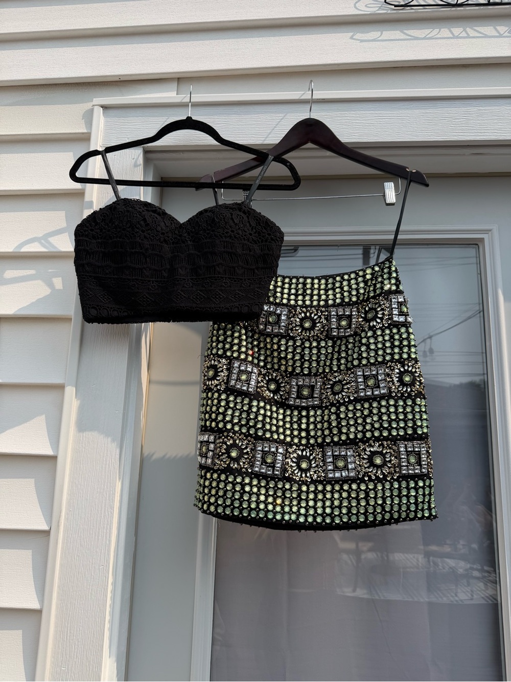 Rachel Allan Black Bustier Top with Lime Beaded Mini Skirt
